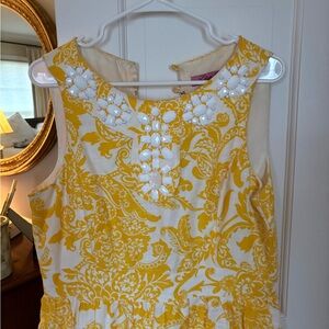 Eliza J Yellow and White Midi Dress with Beaded Neckline